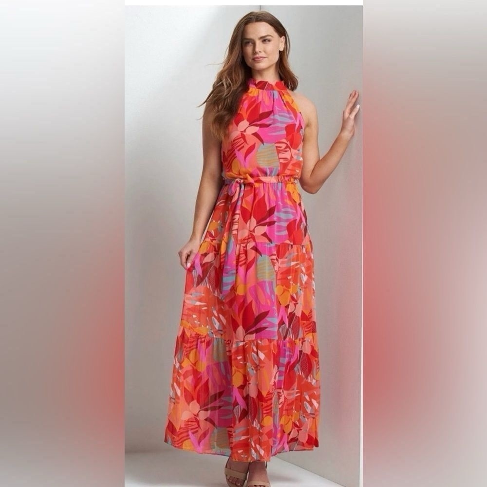 Julia Jordan Mock Neck Maxi Dress Women's 10 Vibrant Tropical Print Resort Wear
